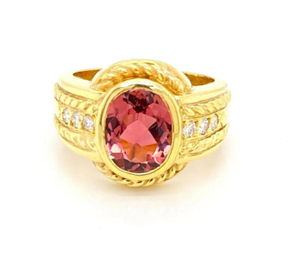 Judith Ripka Diamond Pink Tourmaline 18k Yellow Gold Ring - Size 6