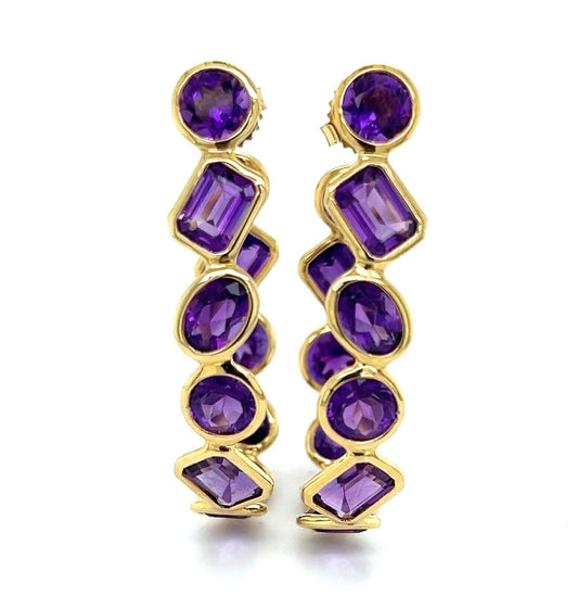 Amethyst Oval Bezel Set 18k Yellow Gold Inside Out Hoop Earrings