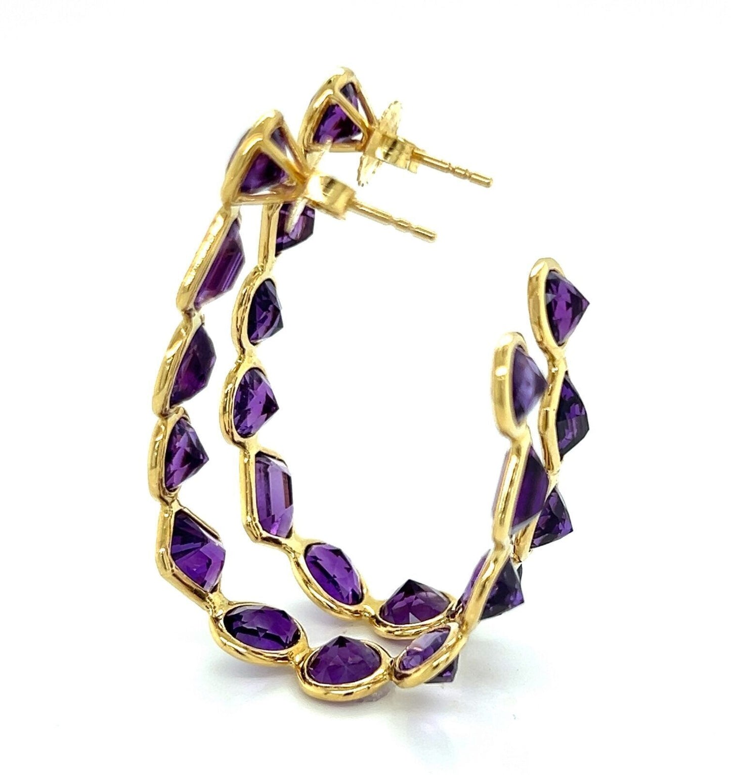 Amethyst Oval Bezel Set 18k Yellow Gold Inside Out Hoop Earrings