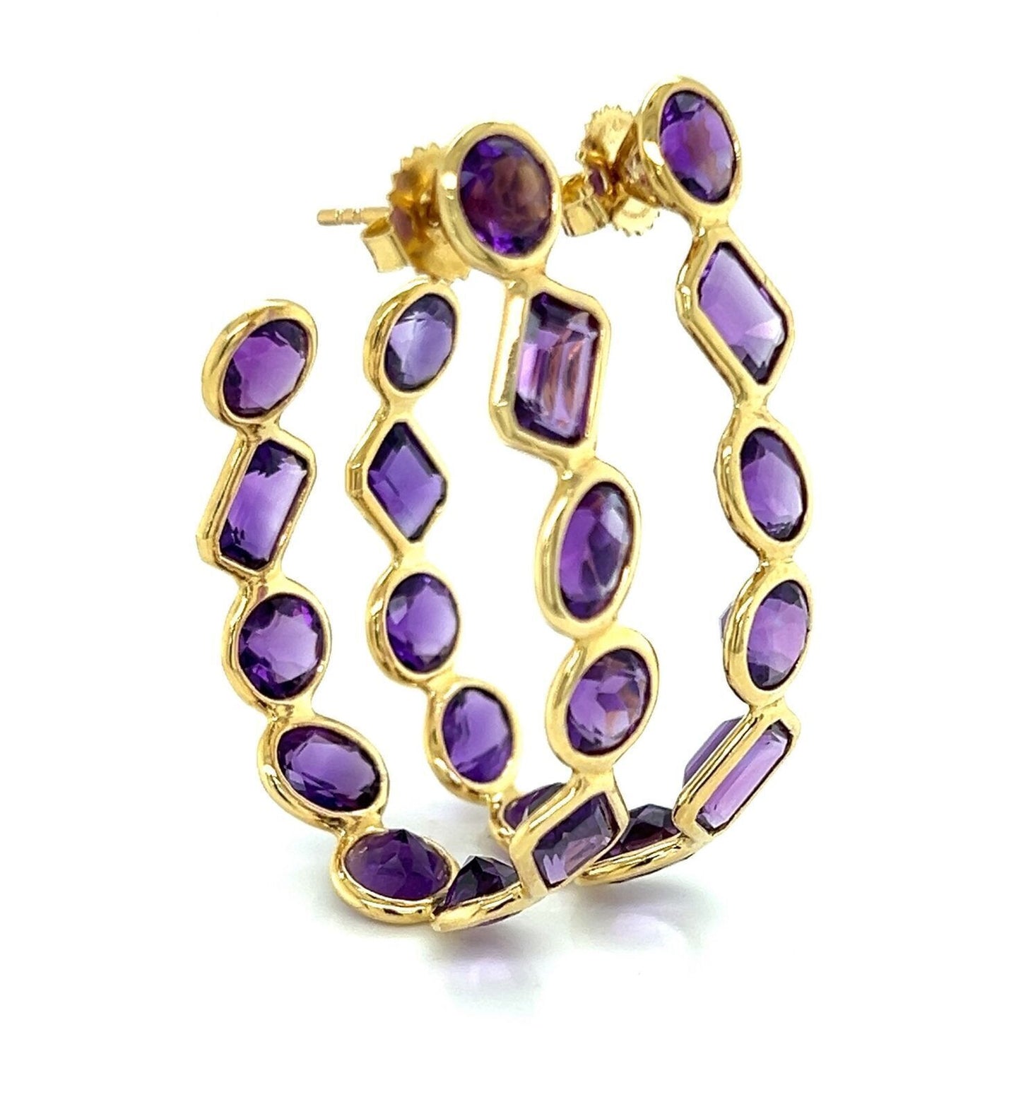 Amethyst Oval Bezel Set 18k Yellow Gold Inside Out Hoop Earrings