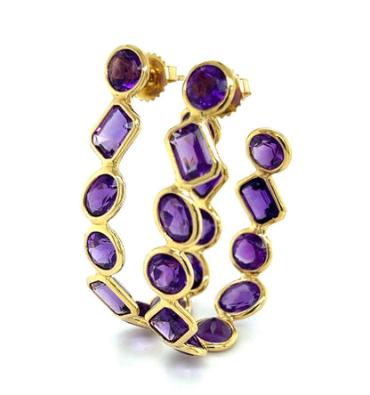 Amethyst Oval Bezel Set 18k Yellow Gold Inside Out Hoop Earrings