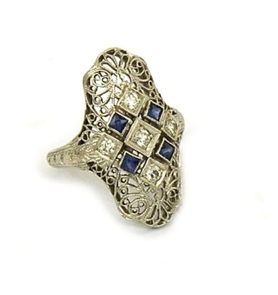 Art Deco Diamond & Sapphire 18k White Gold Filigree Ring - Size 6