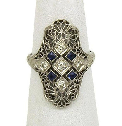 Art Deco Diamond & Sapphire 18k White Gold Filigree Ring - Size 6