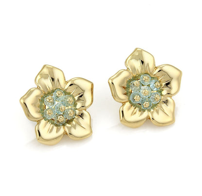 Aquamarine Beads 18k Yellow Gold Floral Post Clip Earrings