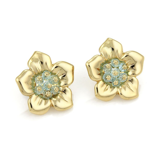 Aquamarine Beads 18k Yellow Gold Floral Post Clip Earrings