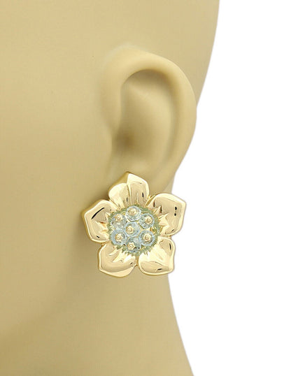 Aquamarine Beads 18k Yellow Gold Floral Post Clip Earrings