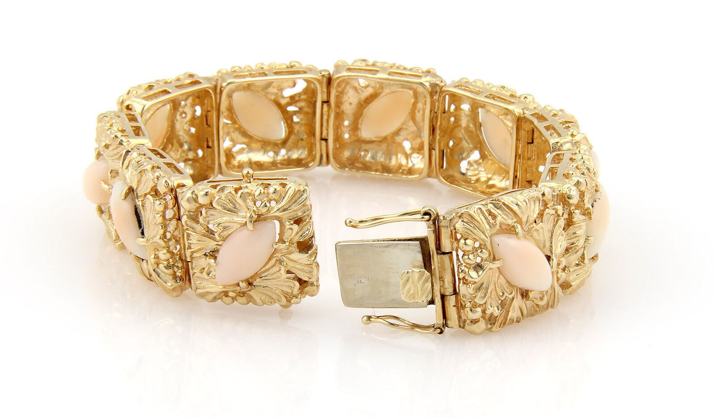 Angel Skin Coral Floral 14k Yellow Gold  Square Link Bracelet