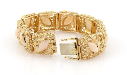 Angel Skin Coral Floral 14k Yellow Gold  Square Link Bracelet