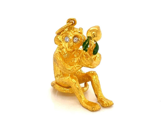 Diamond Enamel Solid 24k Gold Full Figure Monkey Charm Pendant