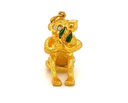 Diamond Enamel Solid 24k Gold Full Figure Monkey Charm Pendant