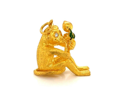 Diamond Enamel Solid 24k Gold Full Figure Monkey Charm Pendant