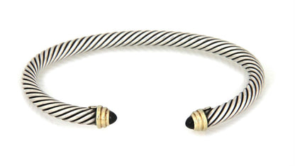 David Yurman Onyx Sterling Silver 14k Yellow Gold 5mm Cable Cuff Bracelet