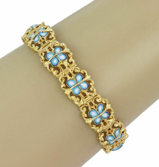 Blue White Enamel Floral 18k Yellow Gold Link Bracelet