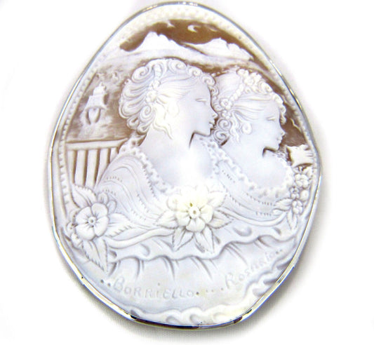 Cameo Extra Large Oval Shell Two Women 18k White Gold Pin Brooch Pendant