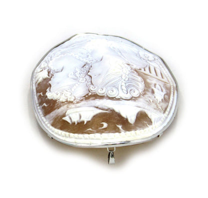 Cameo Extra Large Oval Shell Two Women 18k White Gold Pin Brooch Pendant