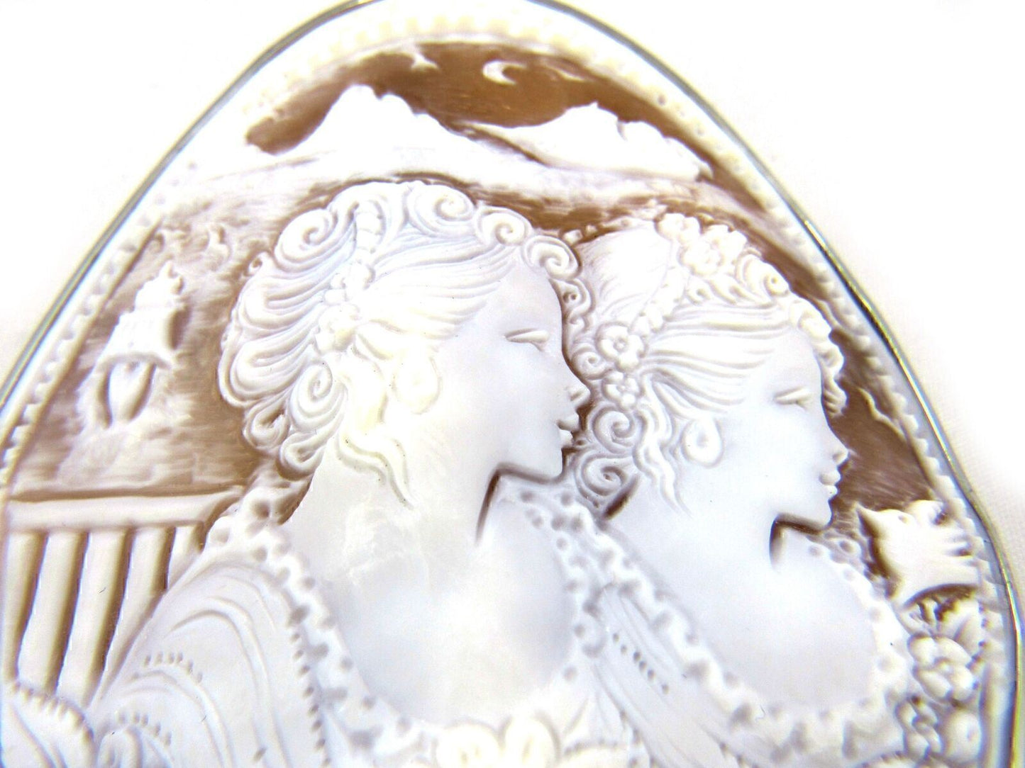 Cameo Extra Large Oval Shell Two Women 18k White Gold Pin Brooch Pendant