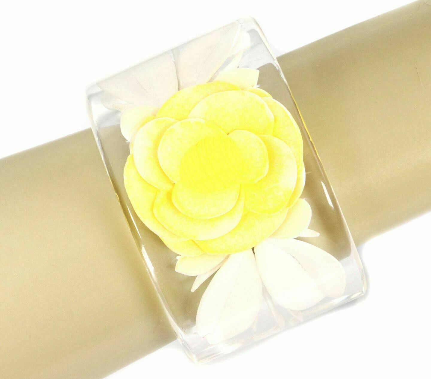 Chanel Flower Wide Clear Lucite Cuff Bracelet