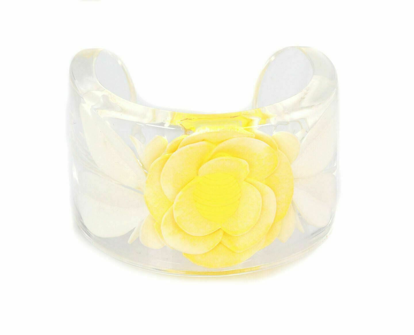 Chanel Flower Wide Clear Lucite Cuff Bracelet