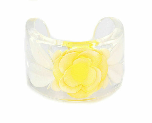 Chanel Flower Wide Clear Lucite Cuff Bracelet