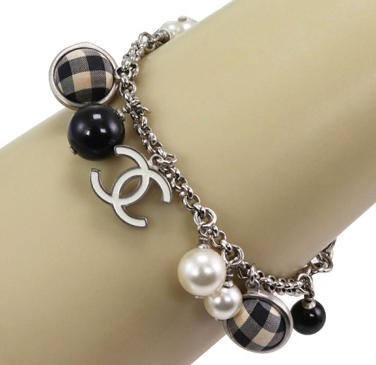 Chanel Pearls Black & White Checkered Beads C Logo Charms Silver Fashion Bracelet