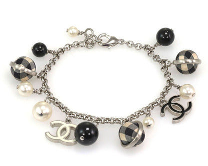 Chanel Pearls Black & White Checkered Beads C Logo Charms Silver Fashion Bracelet