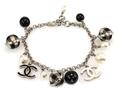 Chanel Pearls Black & White Checkered Beads C Logo Charms Silver Fashion Bracelet