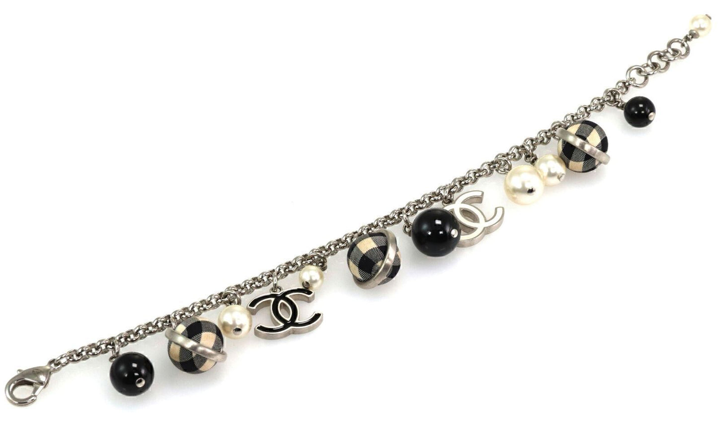 Chanel Pearls Black & White Checkered Beads C Logo Charms Silver Fashion Bracelet