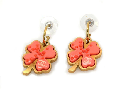 Chanel Orange Resin Four Leaf Clover Yellow Gold Tone Metal Dangle Earrings