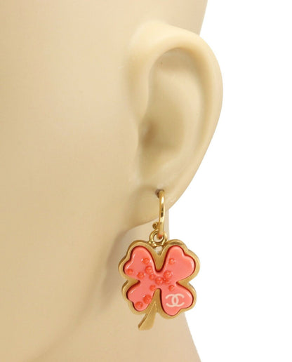 Chanel Orange Resin Four Leaf Clover Yellow Gold Tone Metal Dangle Earrings