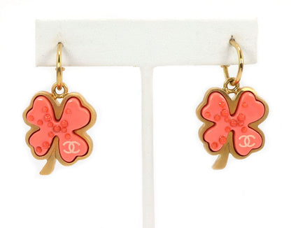 Chanel Orange Resin Four Leaf Clover Yellow Gold Tone Metal Dangle Earrings