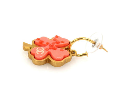 Chanel Orange Resin Four Leaf Clover Yellow Gold Tone Metal Dangle Earrings