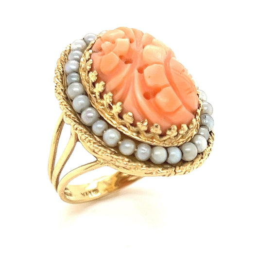 Coral Seed Pearls 14k Yellow Gold Oval Top Floral Ring - Size 6.5