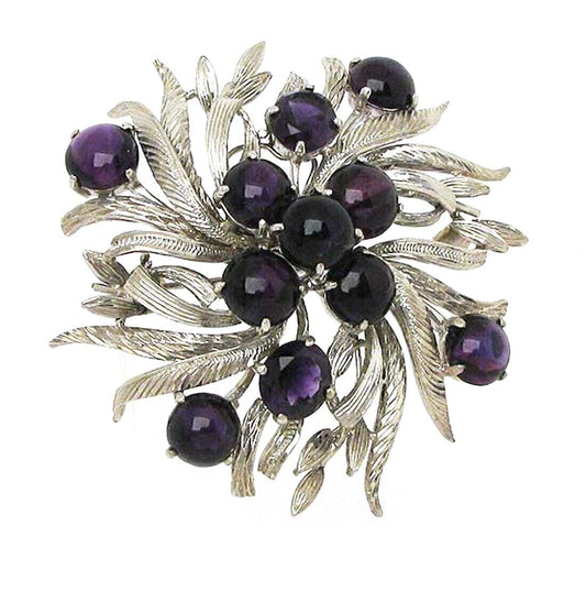 Cabochon Amethyst 14k White Gold  Floral Brooch Pin