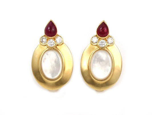 Christian Dior Diamond Ruby Mother of Pearl 18k Yellow Gold Earrings