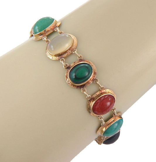 Cabochon Multicolor Gems 14k Rose Gold Oval Link Chain Bracelet