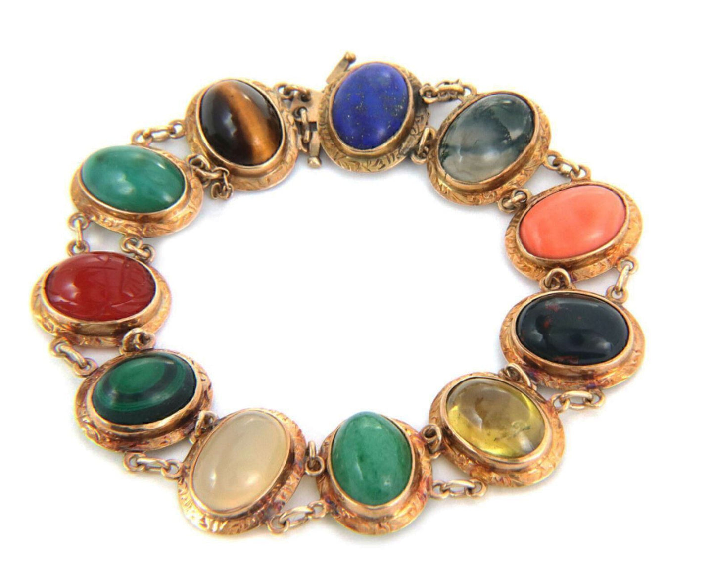 Cabochon Multicolor Gems 14k Rose Gold Oval Link Chain Bracelet