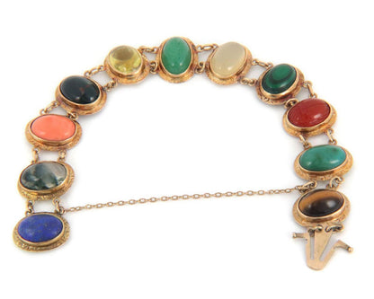 Cabochon Multicolor Gems 14k Rose Gold Oval Link Chain Bracelet