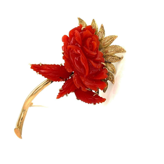 Flower Stem 18k Yellow Gold & Orange Coral Pin Brooch