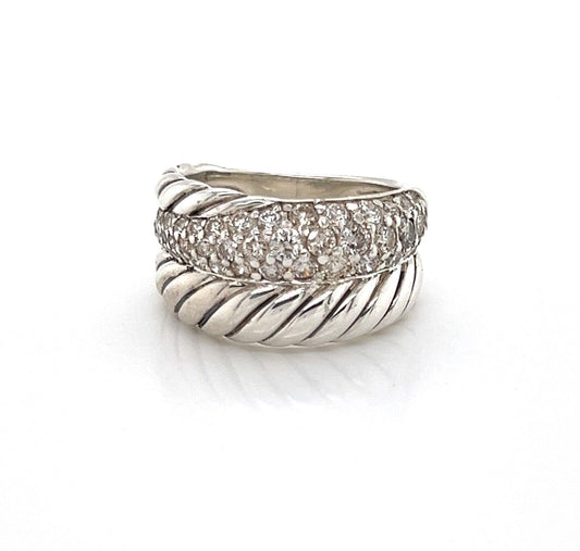 David Yurman Pave Diamond Sterling Silver Double Row Cable Band Ring - Size 5