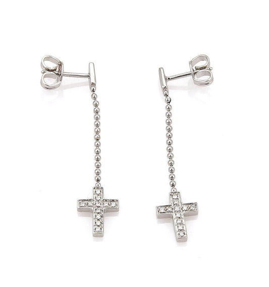 Gucci Diamond 18k White Gold Drop Dangle Cross Earrings