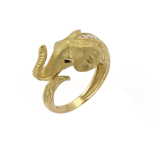 Jean Pierre Bellin Diamond & Onyx 18k Yellow Gold Elephant Head Ring - Size 6