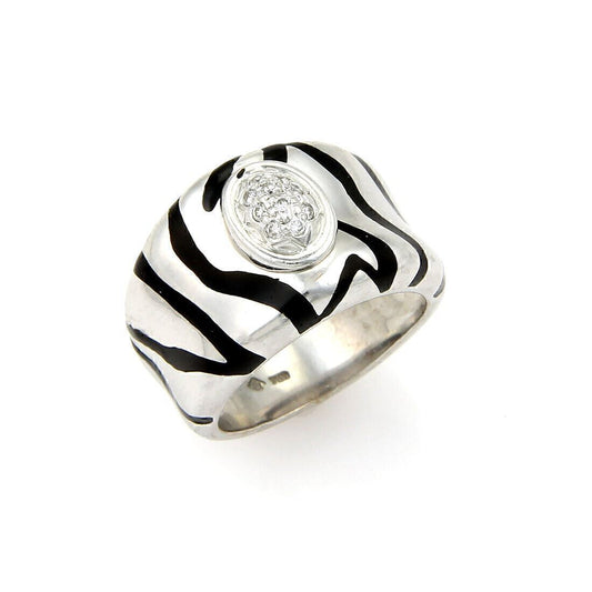 H. Stern Diamonds & Enamel Striped Design 18k White Gold Band Ring - Size 5