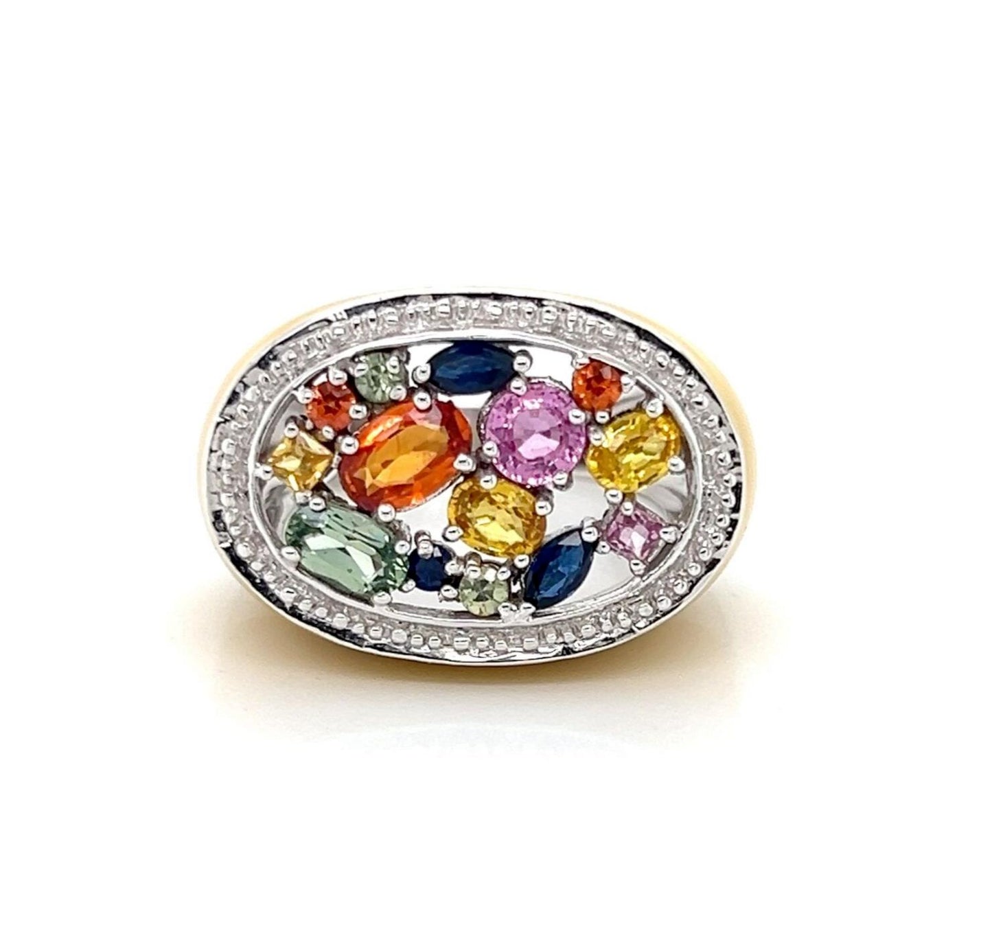 Multicolor Sapphires & Enamel 14k White Gold Top Ring - Size 6.5