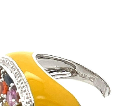 Multicolor Sapphires & Enamel 14k White Gold Top Ring - Size 6.5