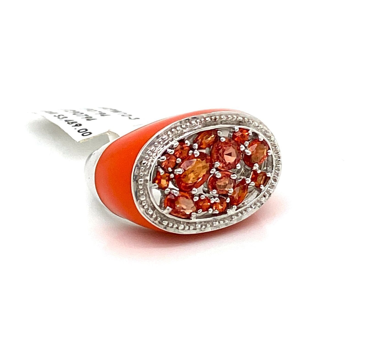 Orange Sapphires & Enamel 14k White Gold Ring - Size 7