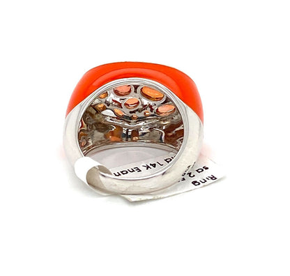 Orange Sapphires & Enamel 14k White Gold Ring - Size 7