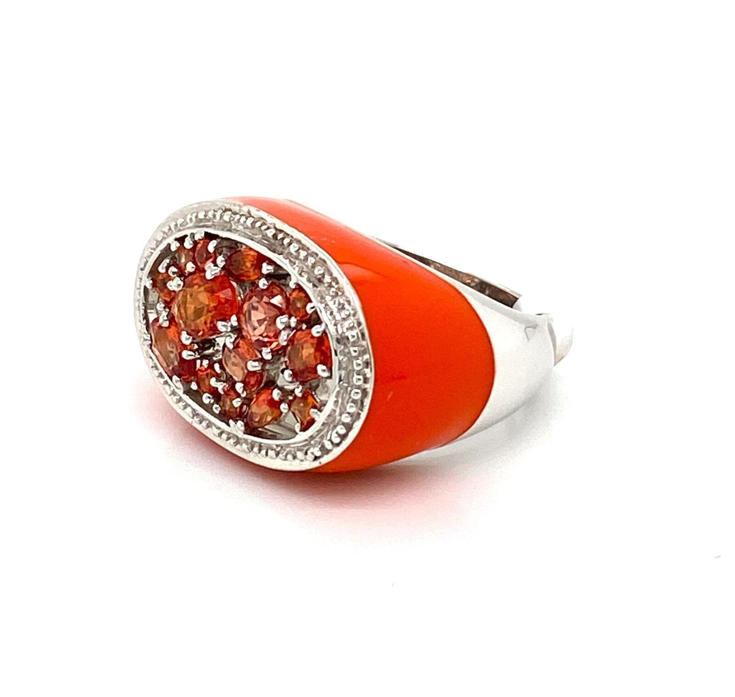 Orange Sapphires & Enamel 14k White Gold Ring - Size 7