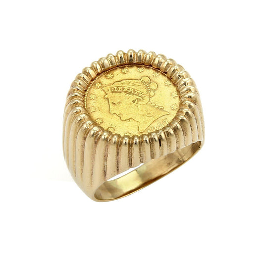 22k Liberty Coin 14k Yellow Gold Fluted Design Ring - Size 9.5