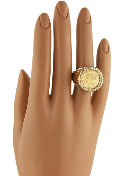 22k Liberty Coin 14k Yellow Gold Fluted Design Ring - Size 9.5