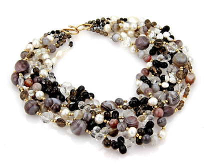 Multi Color Gems 14k Gold Six Strand Necklace